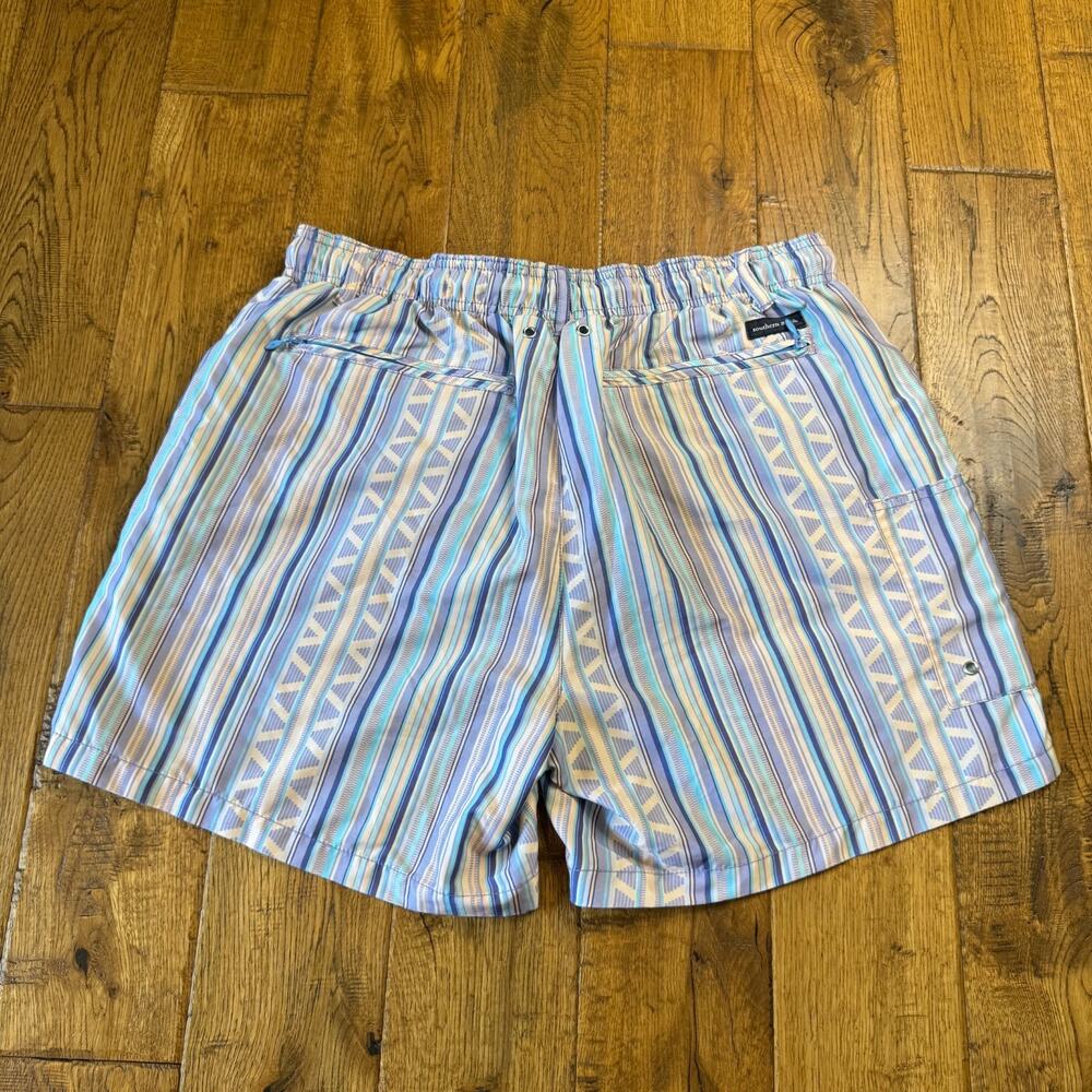 Southern Marsh Swim Trunks Mens M Striped Blue Beige Navy Mesh Lined Pockets - Picture 6 of 7
